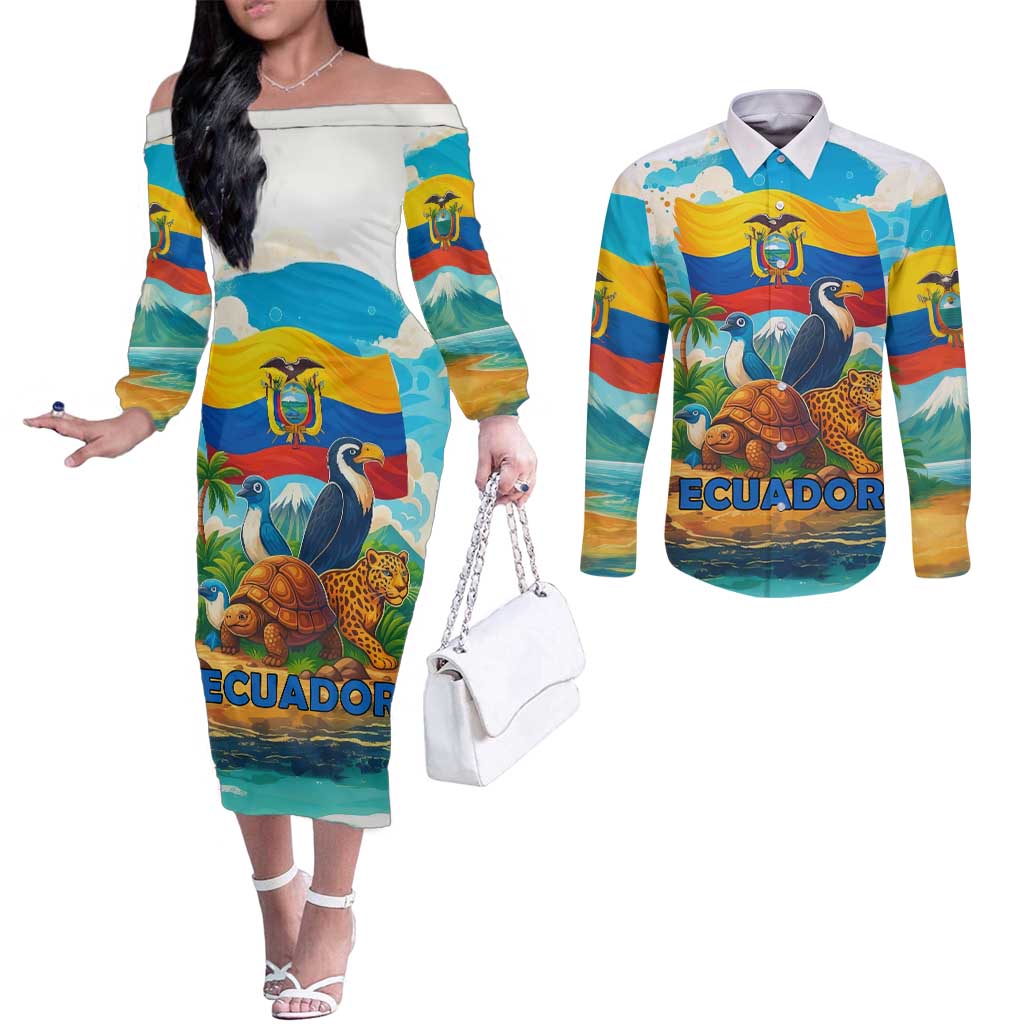 Ecuador Couples Matching Off The Shoulder Long Sleeve Dress and Long Sleeve Button Shirt with Wildlife and Flag Landscape Design - Wonder Print Shop