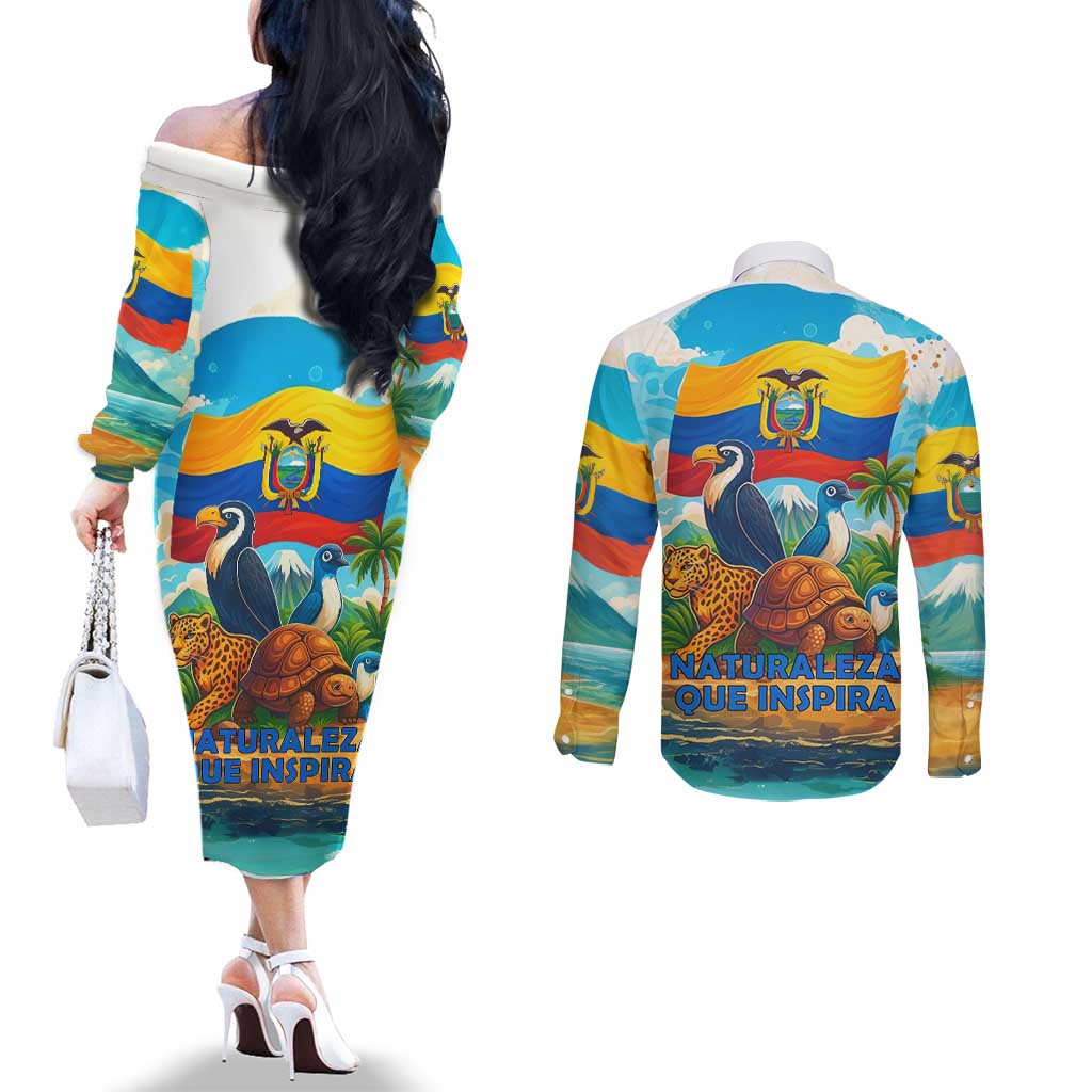 Ecuador Couples Matching Off The Shoulder Long Sleeve Dress and Long Sleeve Button Shirt with Wildlife and Flag Landscape Design - Wonder Print Shop
