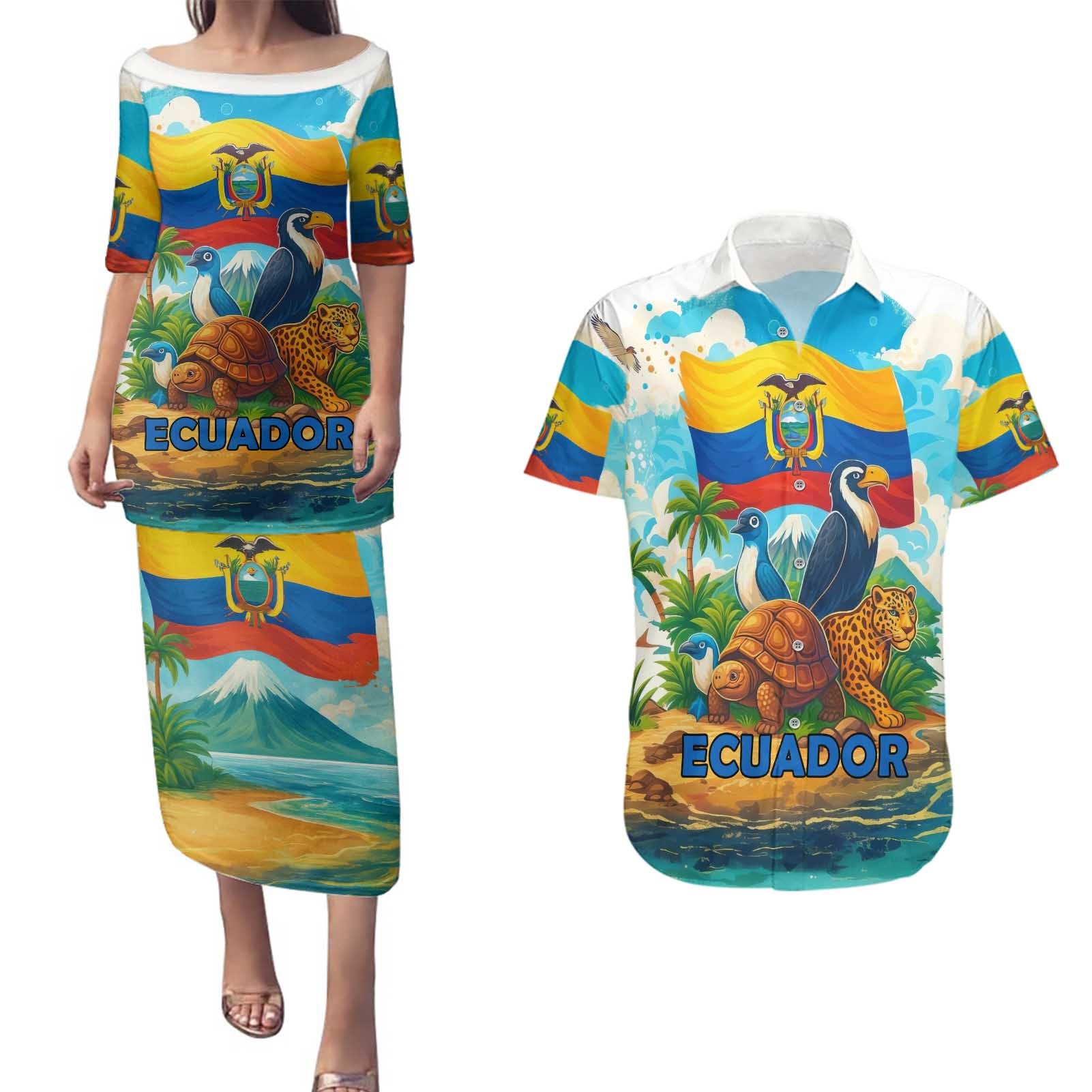 Ecuador Couples Matching Puletasi and Hawaiian Shirt with Wildlife and Flag Landscape Design - Wonder Print Shop