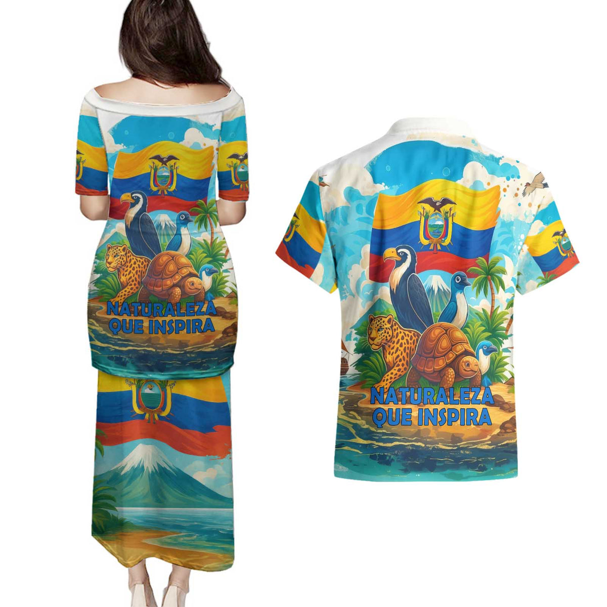 Ecuador Couples Matching Puletasi and Hawaiian Shirt with Wildlife and Flag Landscape Design - Wonder Print Shop