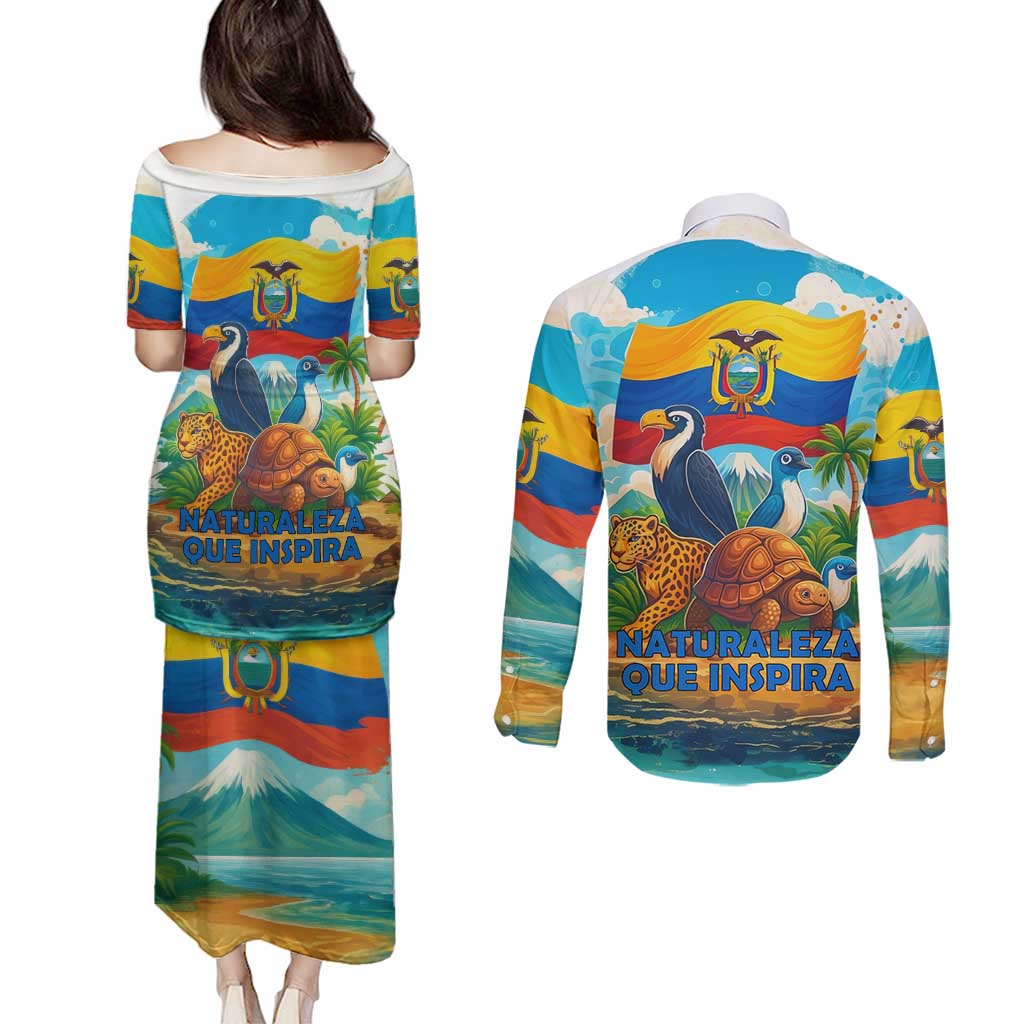 Ecuador Couples Matching Puletasi and Long Sleeve Button Shirt with Wildlife and Flag Landscape Design - Wonder Print Shop