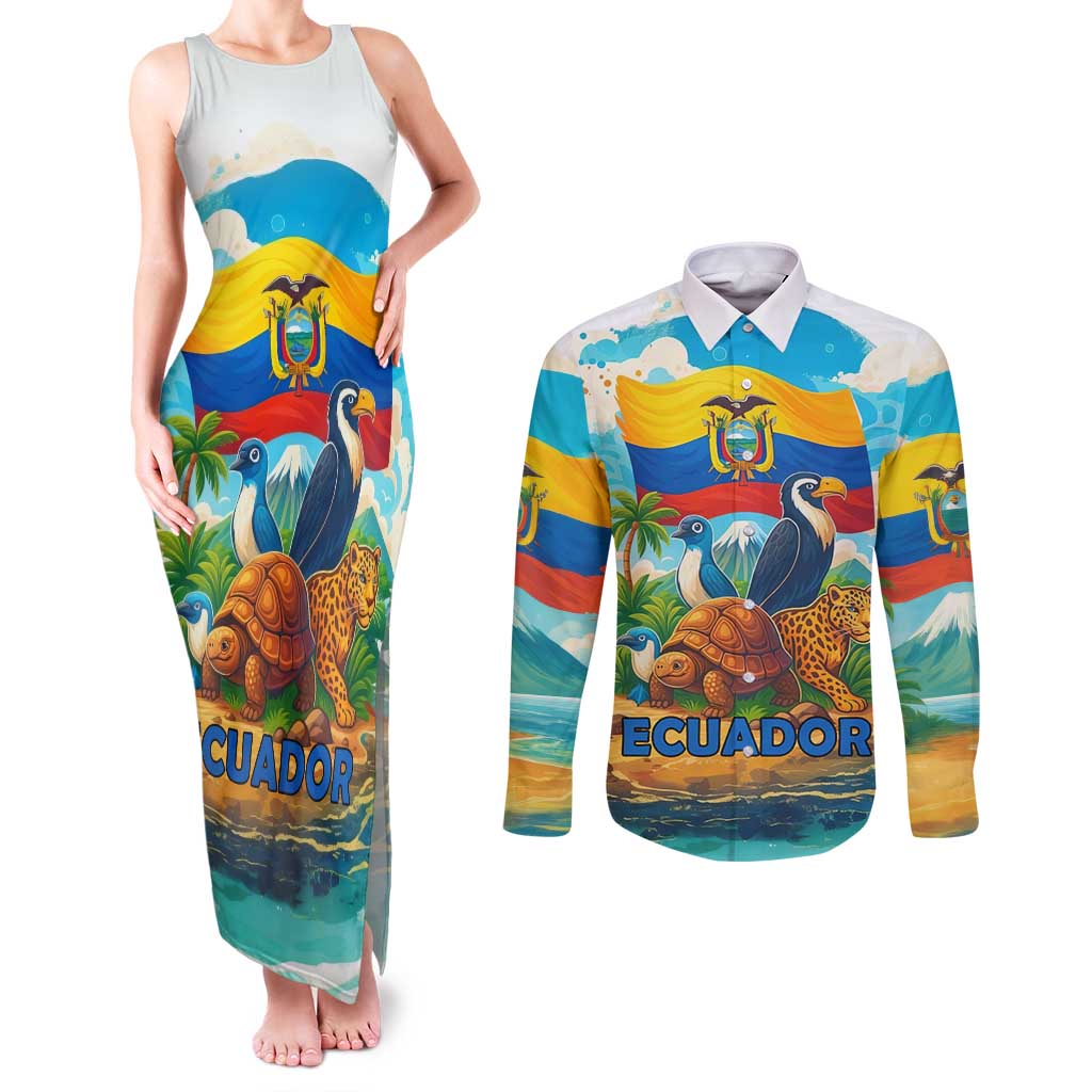 Ecuador Couples Matching Tank Maxi Dress and Long Sleeve Button Shirt with Wildlife and Flag Landscape Design - Wonder Print Shop