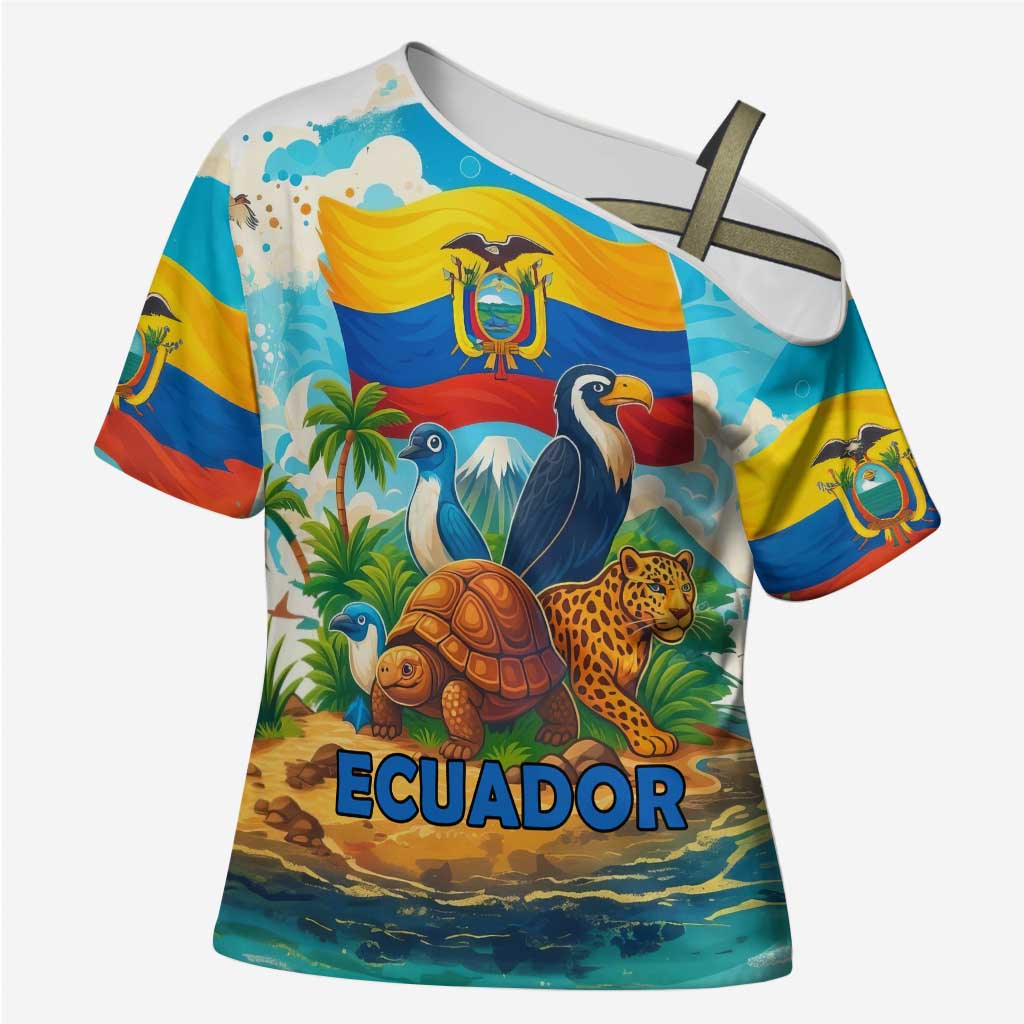 Ecuador Cross Shoulder Shirt with Wildlife and Flag Landscape Design - Wonder Print Shop