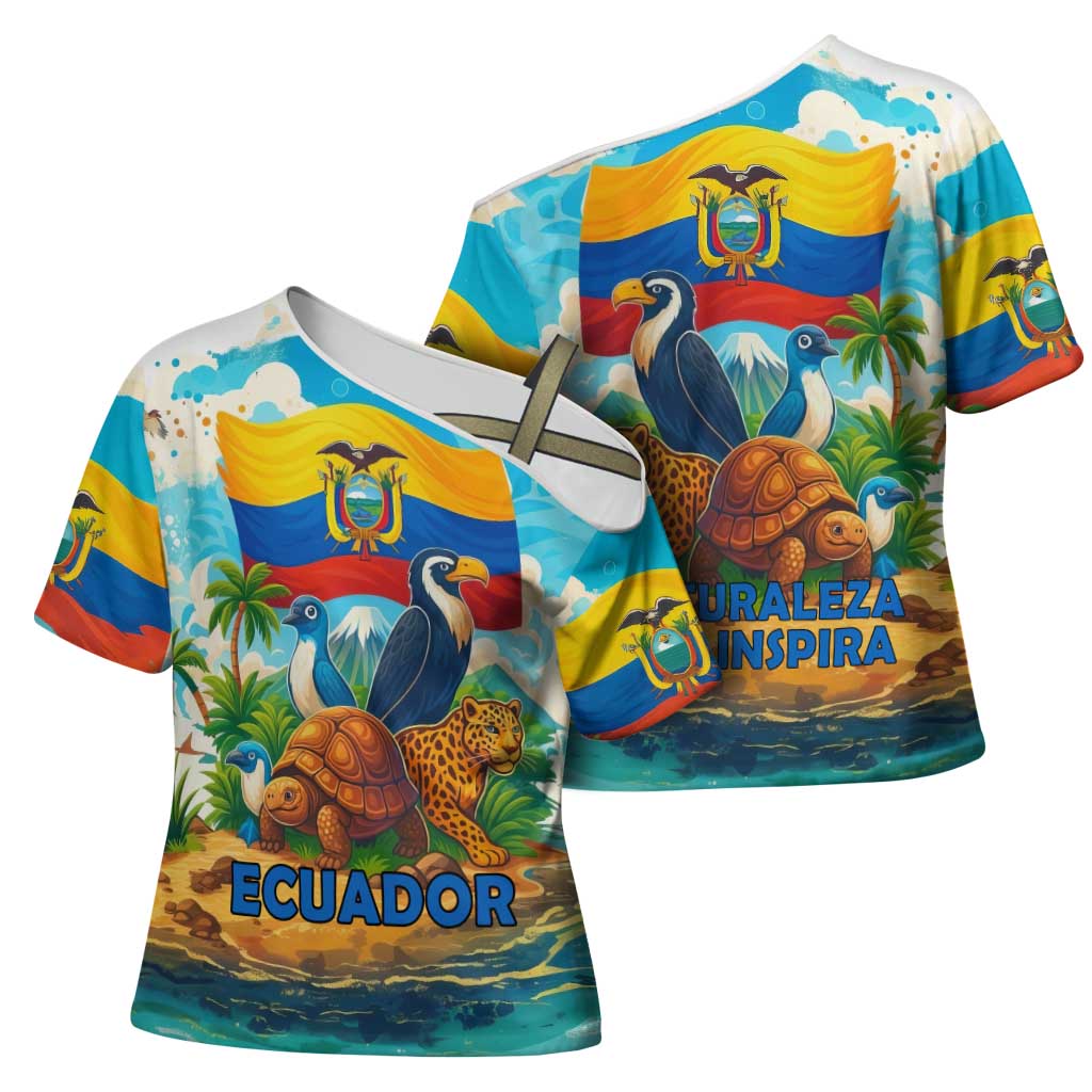 Ecuador Cross Shoulder Shirt with Wildlife and Flag Landscape Design - Wonder Print Shop