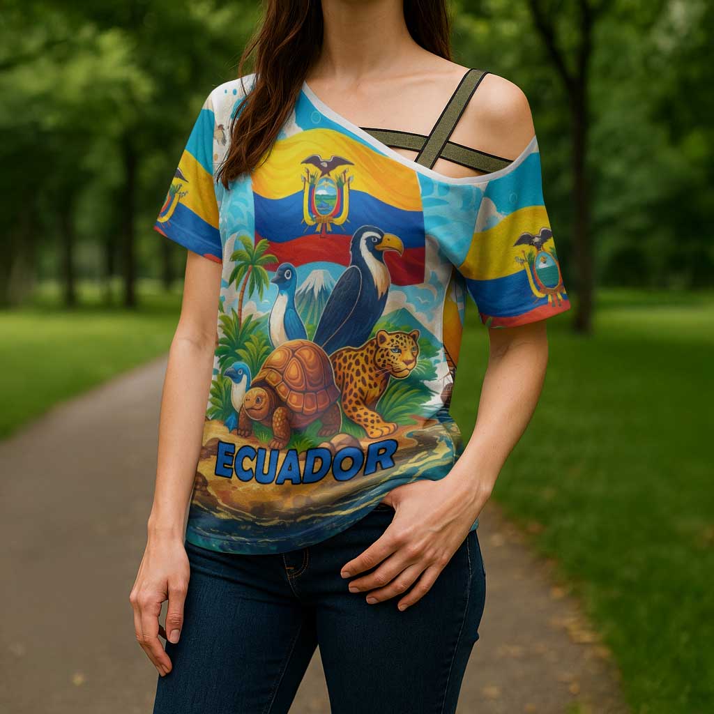 Ecuador Cross Shoulder Shirt with Wildlife and Flag Landscape Design - Wonder Print Shop
