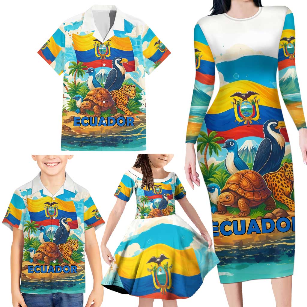 Ecuador Family Matching Long Sleeve Bodycon Dress and Hawaiian Shirt with Wildlife and Flag Landscape Design - Wonder Print Shop