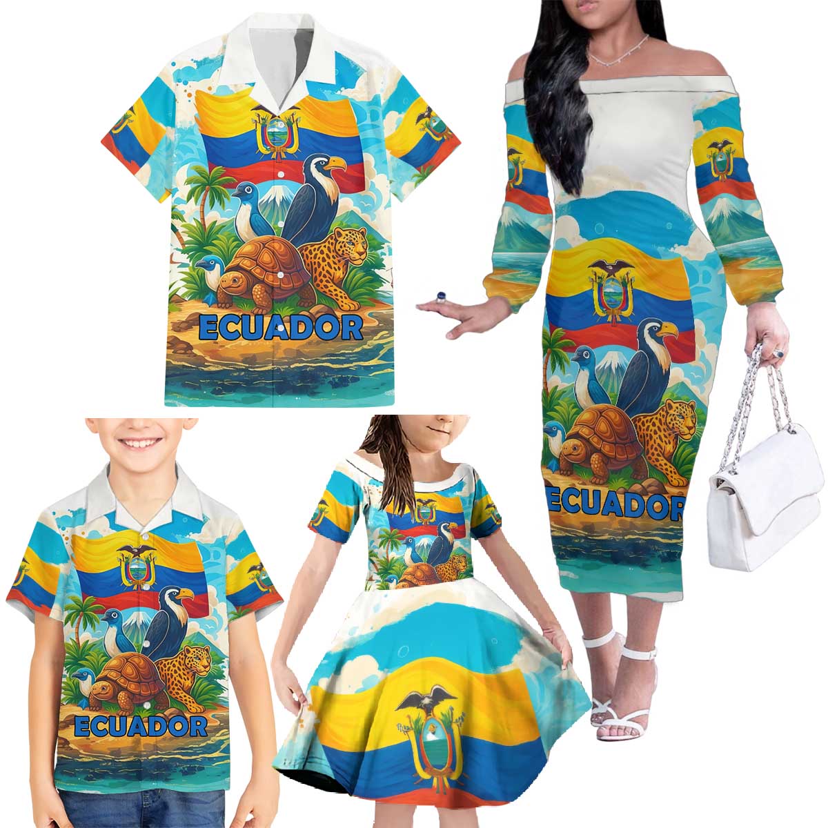 Ecuador Family Matching Off The Shoulder Long Sleeve Dress and Hawaiian Shirt with Wildlife and Flag Landscape Design - Wonder Print Shop