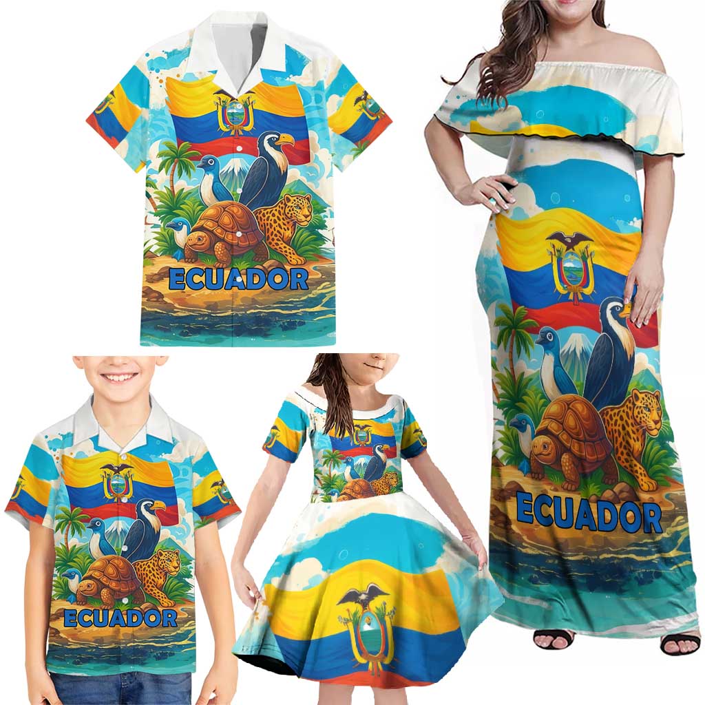 Ecuador Family Matching Off Shoulder Maxi Dress and Hawaiian Shirt with Wildlife and Flag Landscape Design - Wonder Print Shop