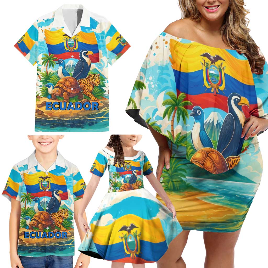 Ecuador Family Matching Off Shoulder Short Dress and Hawaiian Shirt with Wildlife and Flag Landscape Design - Wonder Print Shop
