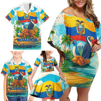 Ecuador Family Matching Off Shoulder Short Dress and Hawaiian Shirt with Wildlife and Flag Landscape Design - Wonder Print Shop