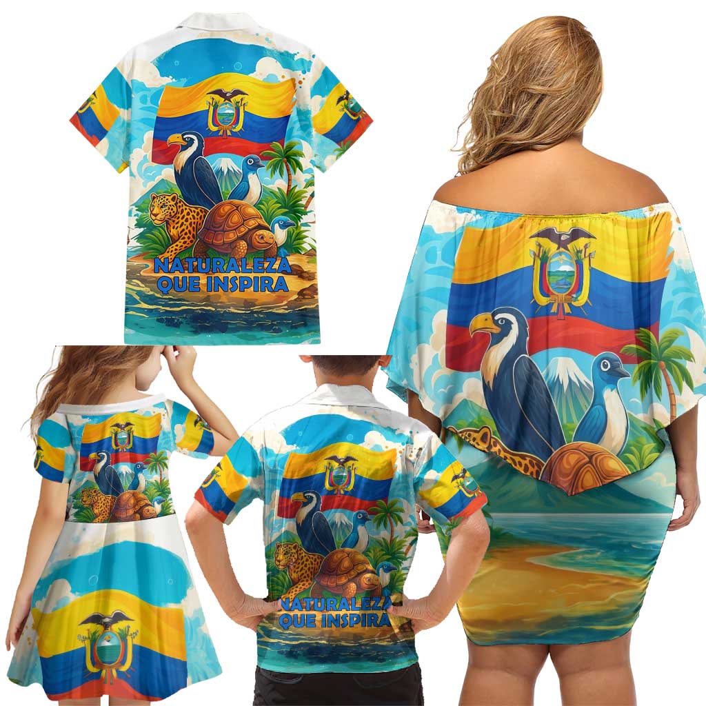 Ecuador Family Matching Off Shoulder Short Dress and Hawaiian Shirt with Wildlife and Flag Landscape Design - Wonder Print Shop