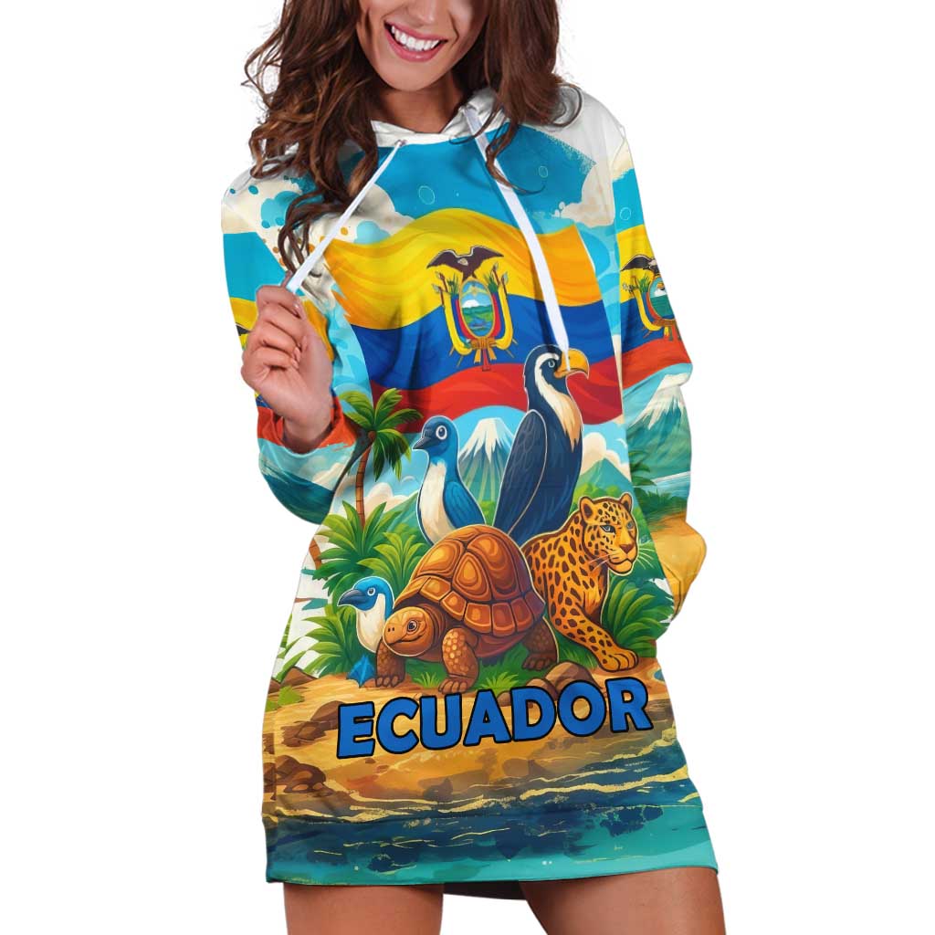 Ecuador Hoodie Dress with Wildlife and Flag Landscape Design - Wonder Print Shop
