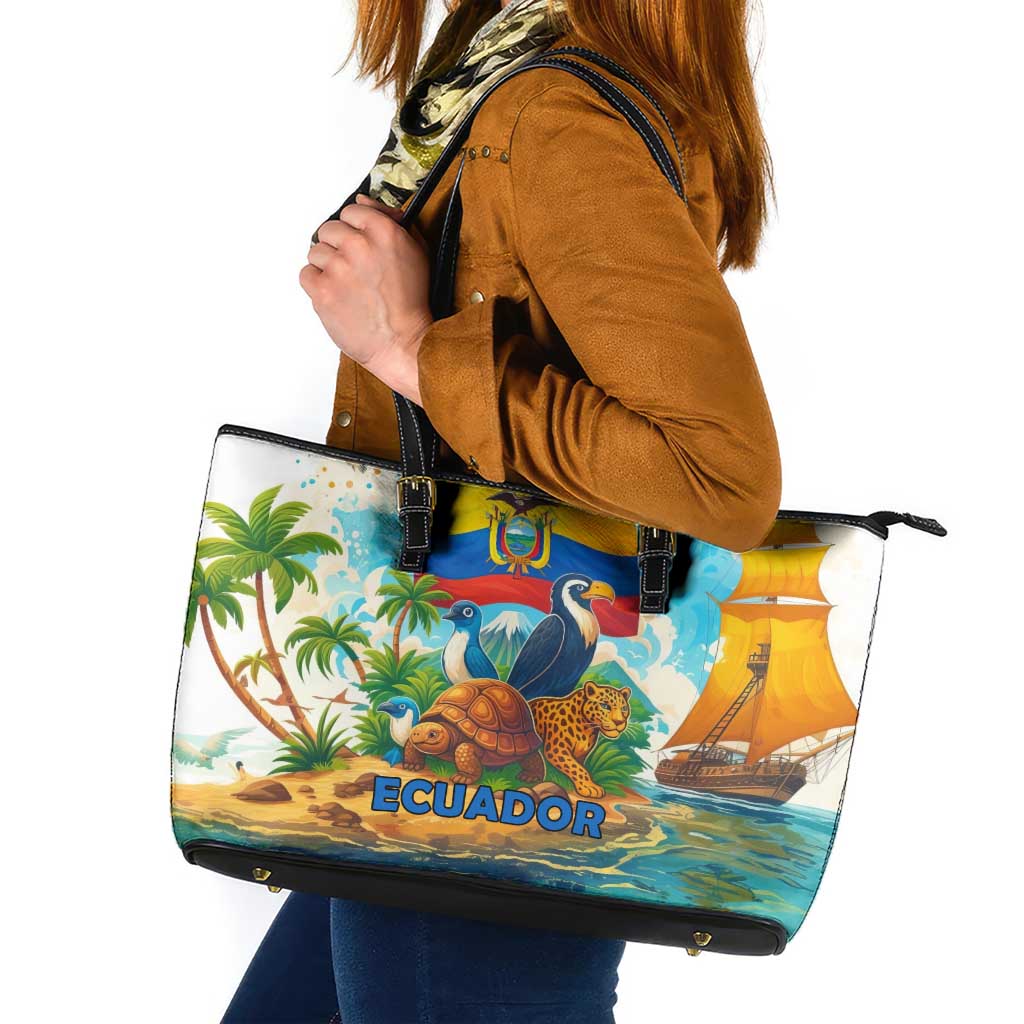 Ecuador Leather Tote Bag with Wildlife and Flag Landscape Design - Wonder Print Shop