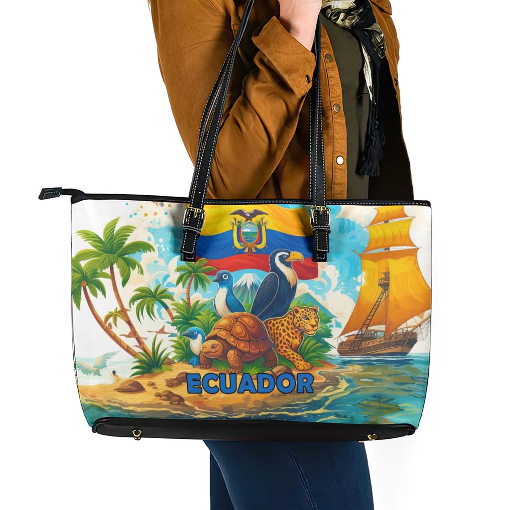 Ecuador Leather Tote Bag with Wildlife and Flag Landscape Design - Wonder Print Shop