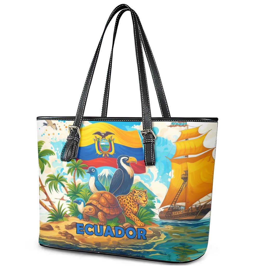 Ecuador Leather Tote Bag with Wildlife and Flag Landscape Design - Wonder Print Shop