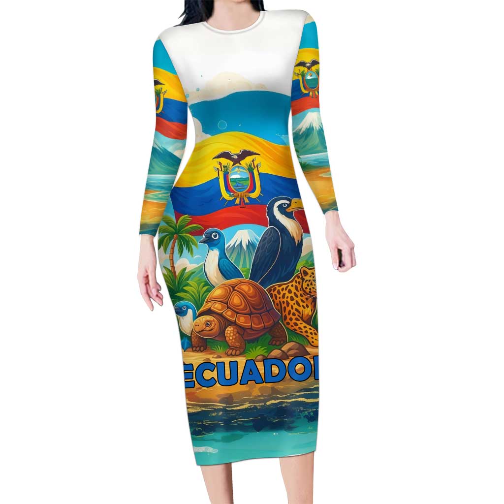 Ecuador Long Sleeve Bodycon Dress with Wildlife and Flag Landscape Design - Wonder Print Shop