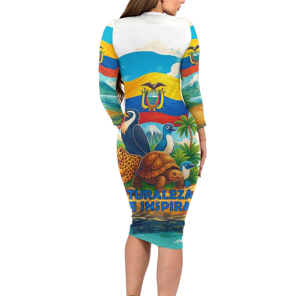 Ecuador Long Sleeve Bodycon Dress with Wildlife and Flag Landscape Design - Wonder Print Shop