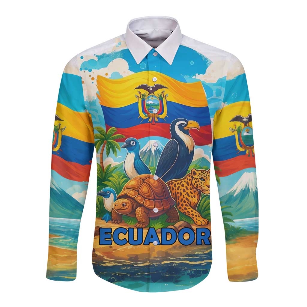 Ecuador Long Sleeve Button Shirt with Wildlife and Flag Landscape Design - Wonder Print Shop