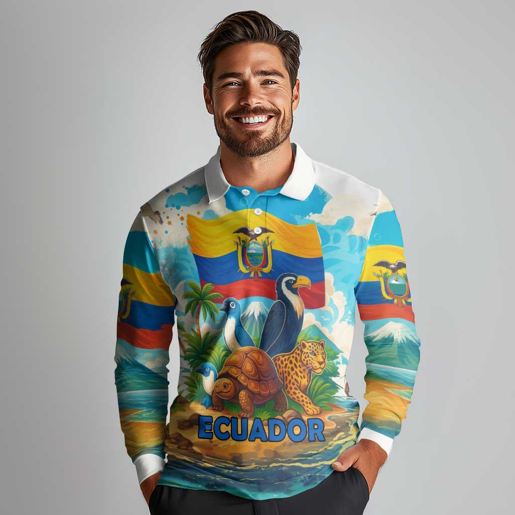 Ecuador Long Sleeve Polo Shirt with Wildlife and Flag Landscape Design - Wonder Print Shop