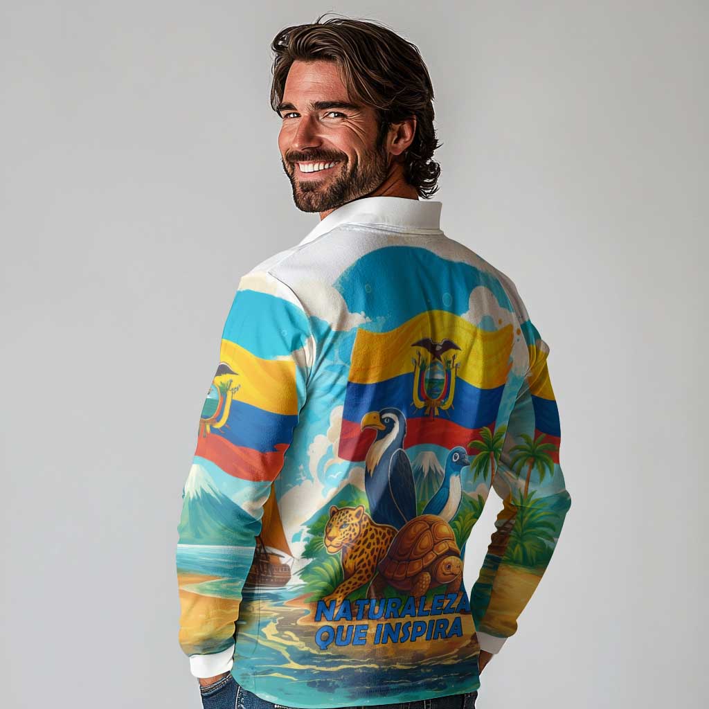Ecuador Long Sleeve Polo Shirt with Wildlife and Flag Landscape Design - Wonder Print Shop
