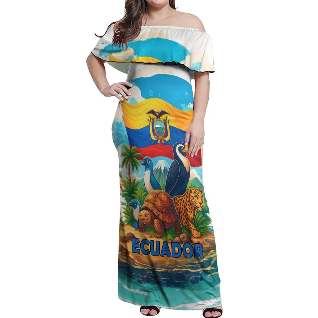 Ecuador Off Shoulder Maxi Dress with Wildlife and Flag Landscape Design - Wonder Print Shop