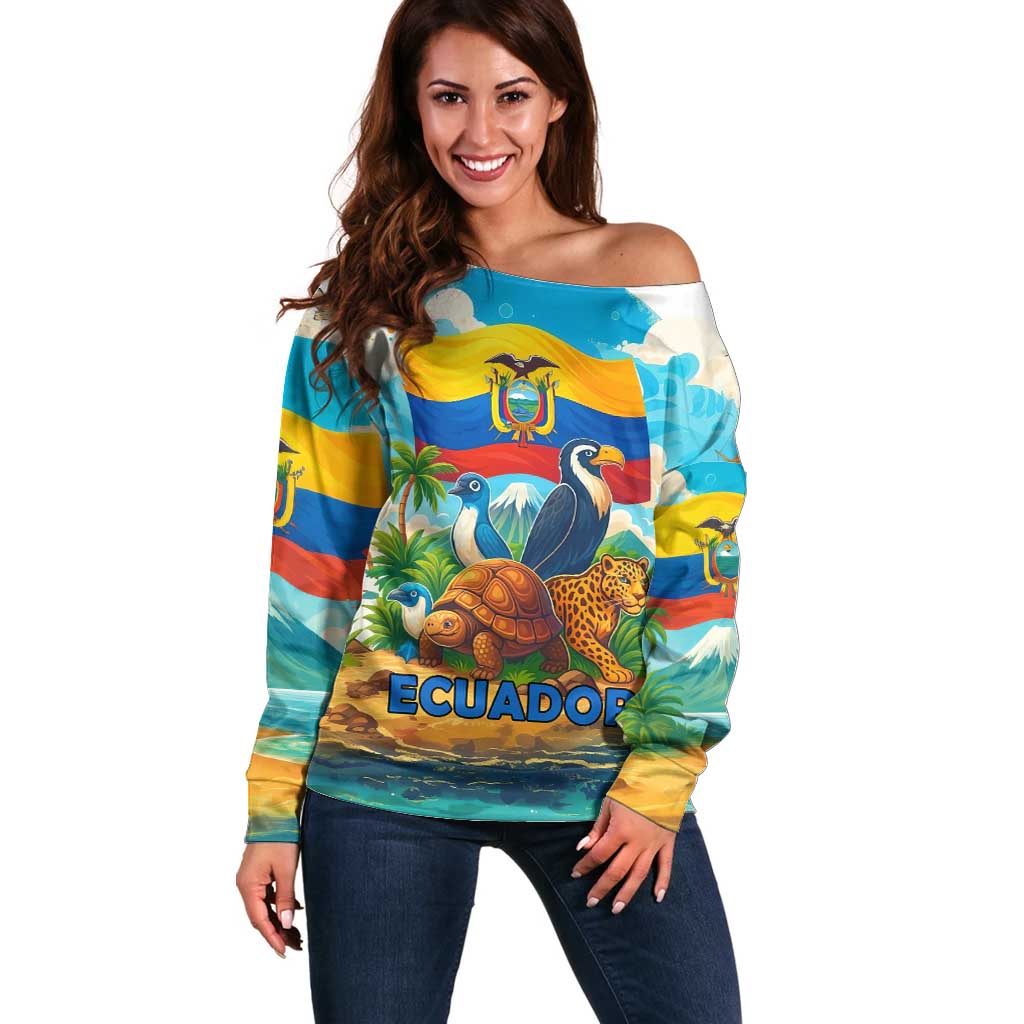 Ecuador Off Shoulder Sweater with Wildlife and Flag Landscape Design - Wonder Print Shop