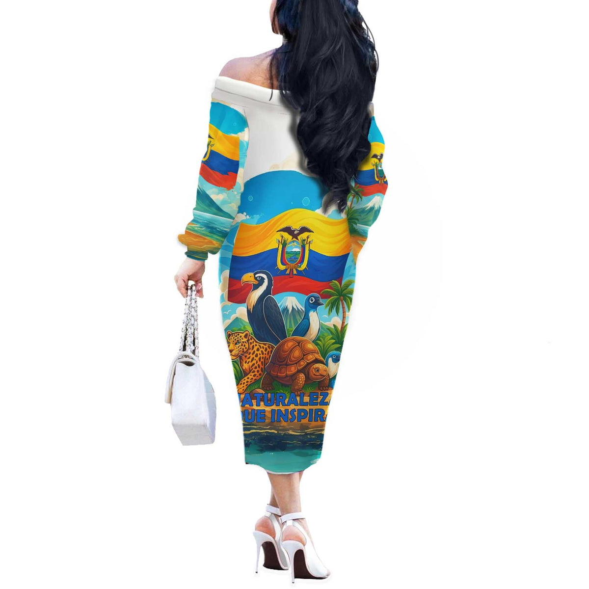 Ecuador Off The Shoulder Long Sleeve Dress with Wildlife and Flag Landscape Design - Wonder Print Shop