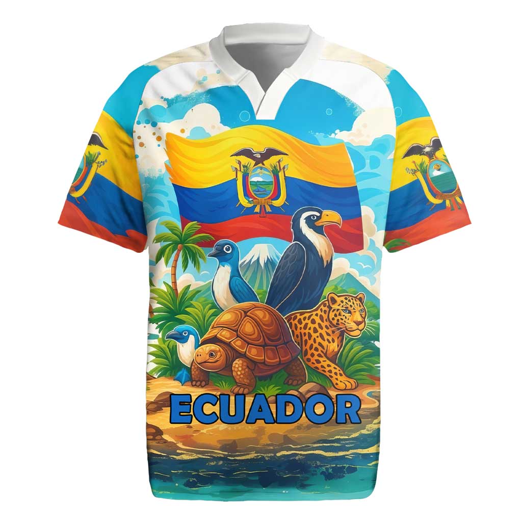 Ecuador Rugby Jersey with Wildlife and Flag Landscape Design - Wonder Print Shop