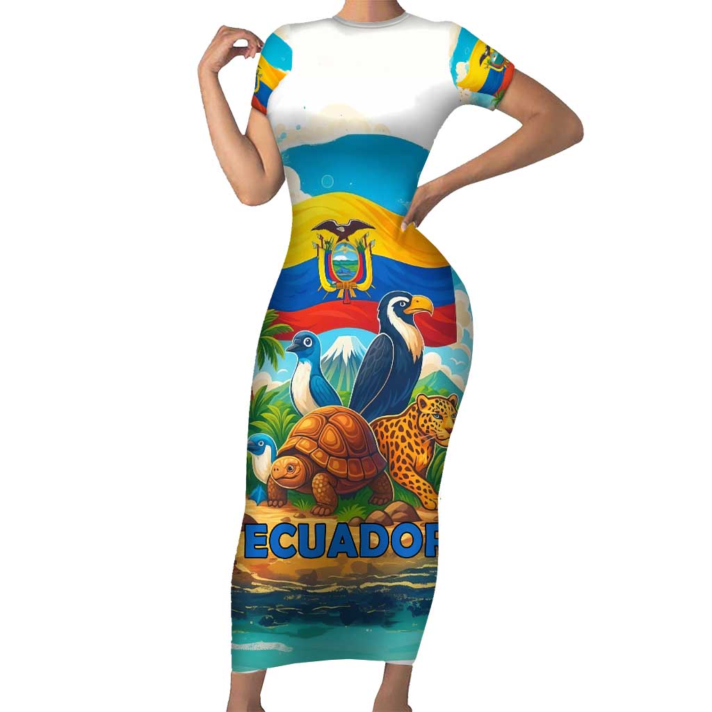 Ecuador Short Sleeve Bodycon Dress with Wildlife and Flag Landscape Design - Wonder Print Shop