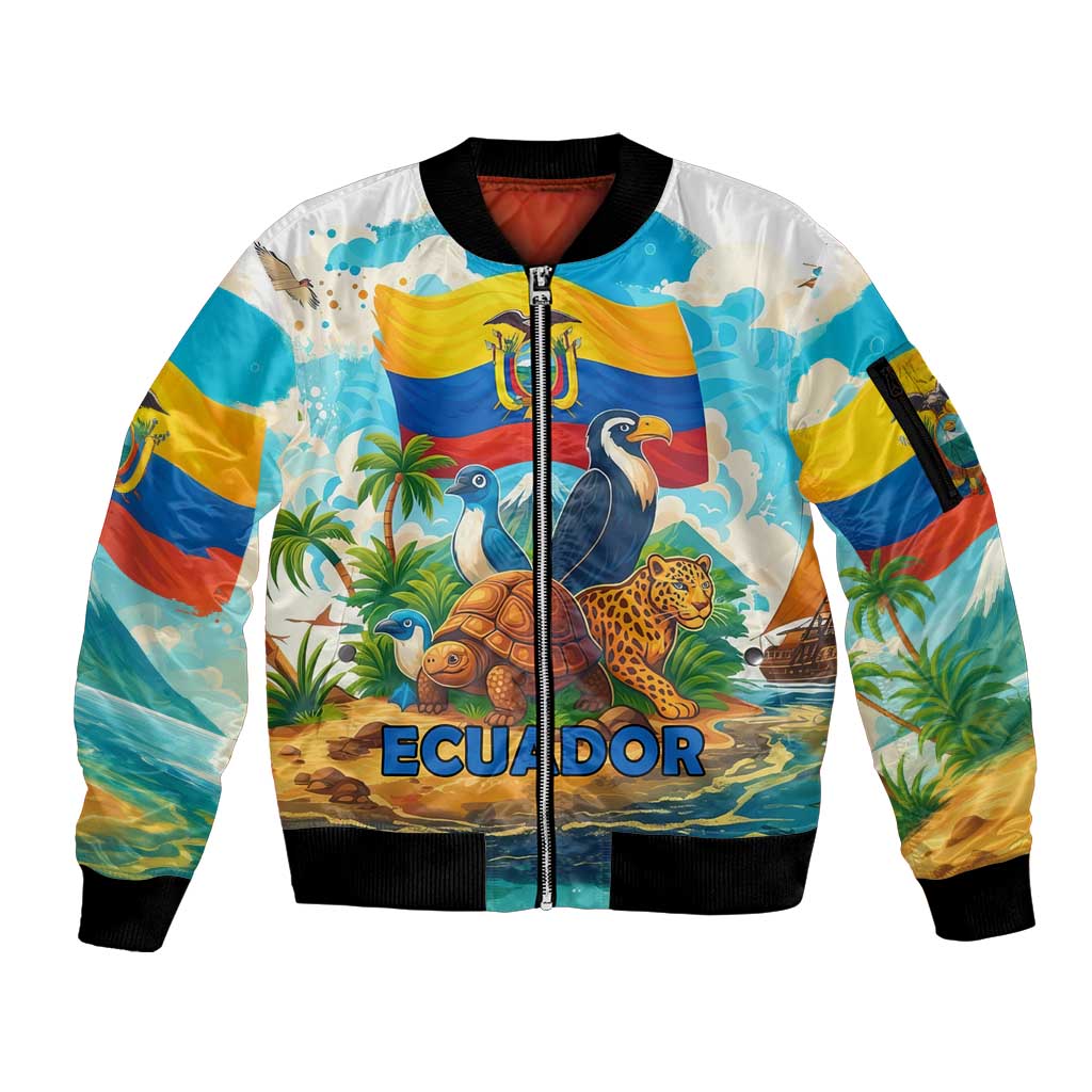 Ecuador Sleeve Zip Bomber Jacket with Wildlife and Flag Landscape Design - Wonder Print Shop
