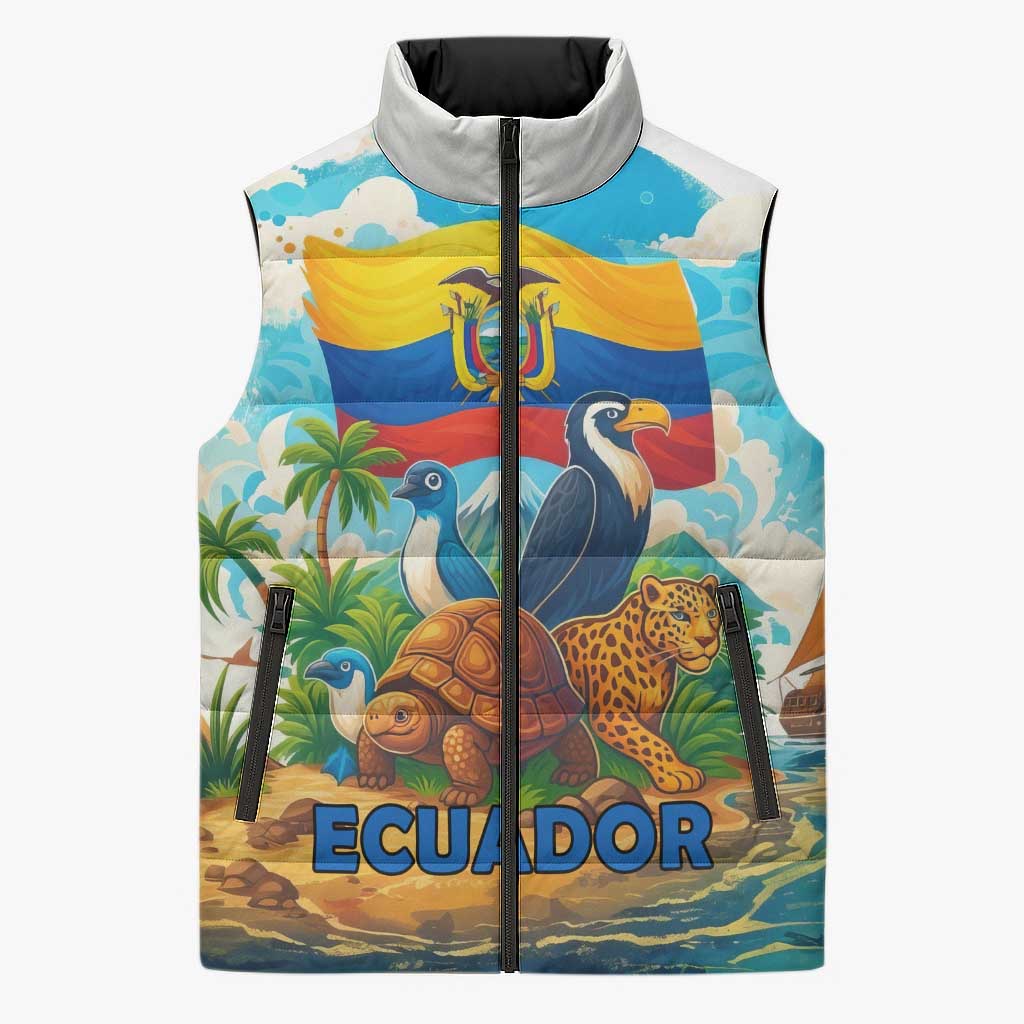 Ecuador Sleeveless Puffer Jacket with Wildlife and Flag Landscape Design - Wonder Print Shop