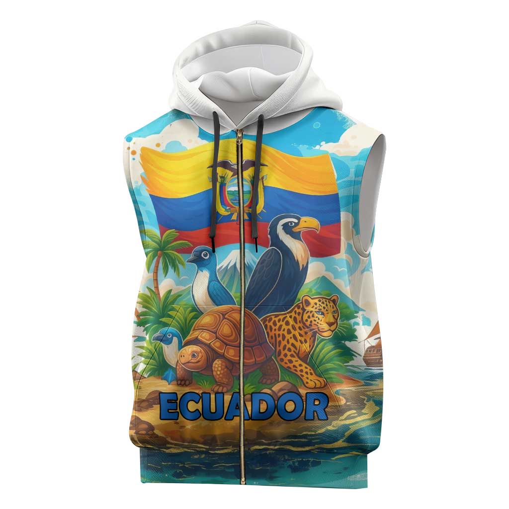 Ecuador Sleeveless Zip Hoodie with Wildlife and Flag Landscape Design - Wonder Print Shop