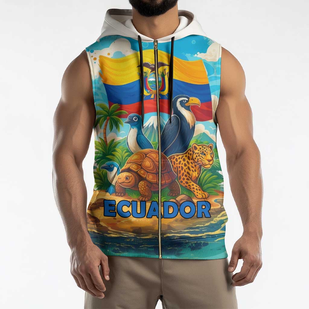 Ecuador Sleeveless Zip Hoodie with Wildlife and Flag Landscape Design - Wonder Print Shop