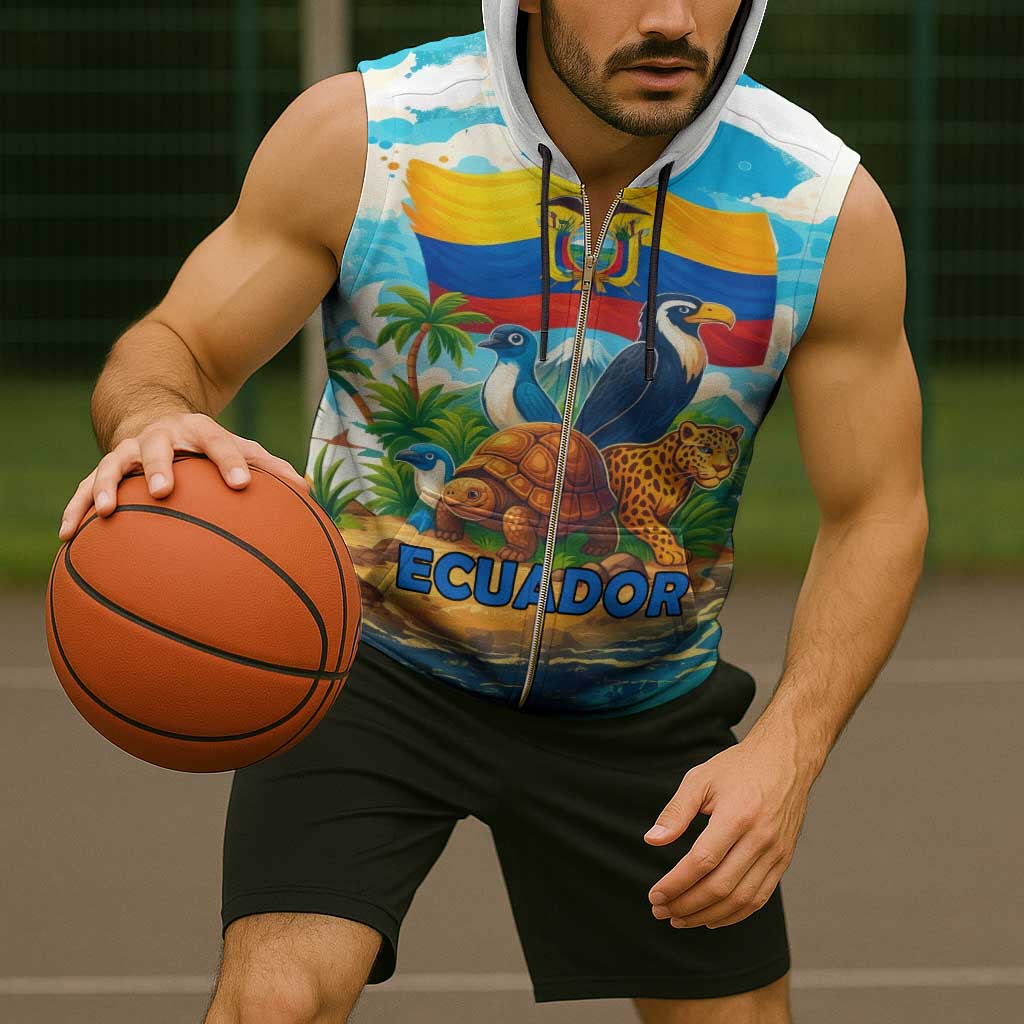 Ecuador Sleeveless Zip Hoodie with Wildlife and Flag Landscape Design - Wonder Print Shop