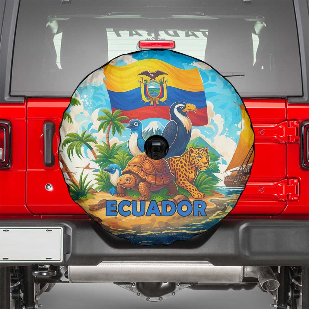 Ecuador Spare Tire Cover with Wildlife and Flag Landscape Design - Wonder Print Shop