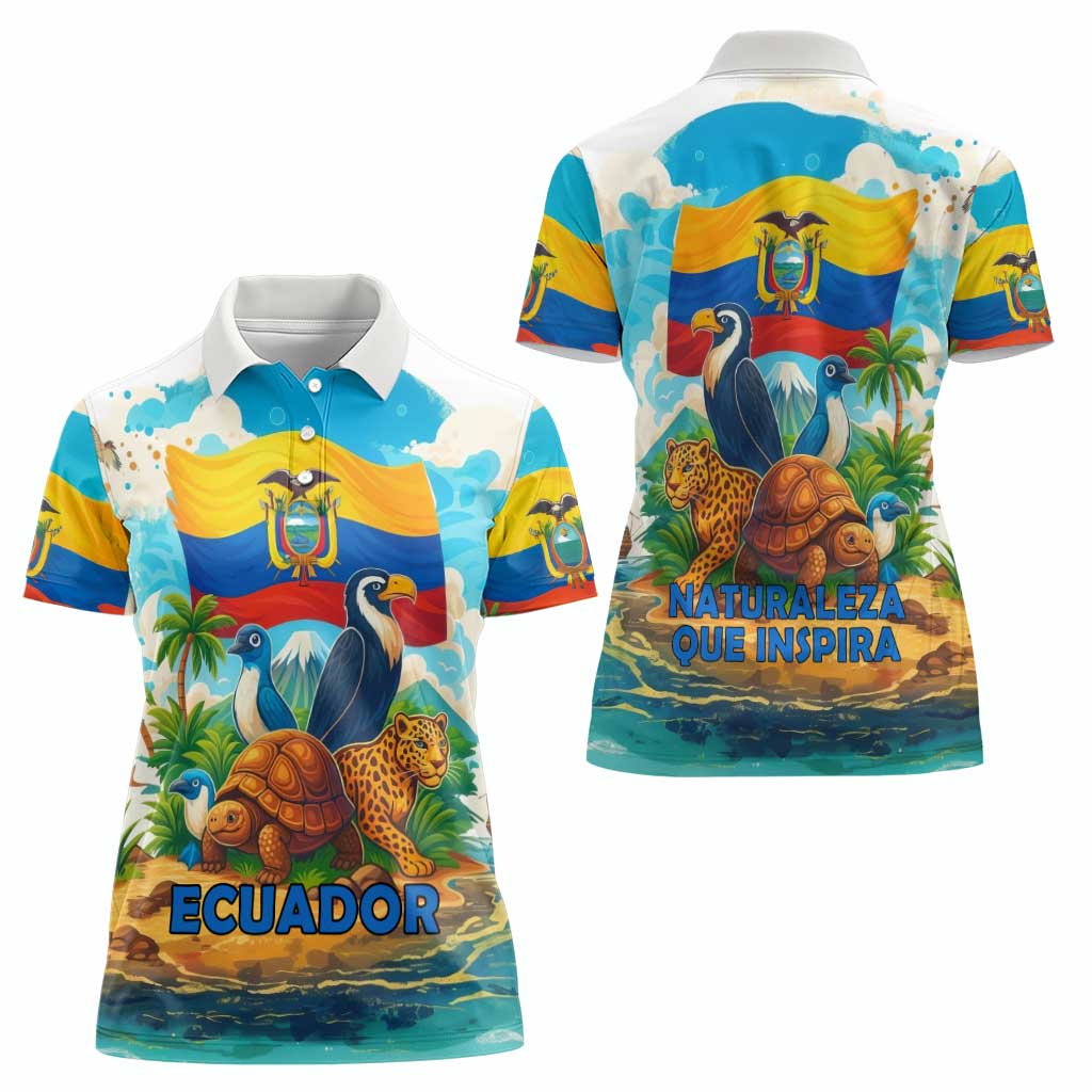 Ecuador Women Polo Shirt with Wildlife and Flag Landscape Design - Wonder Print Shop