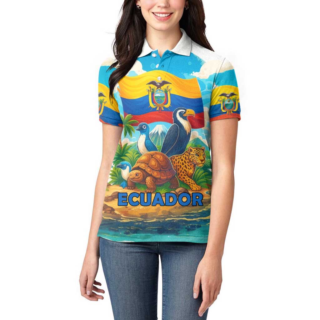 Ecuador Women Polo Shirt with Wildlife and Flag Landscape Design - Wonder Print Shop