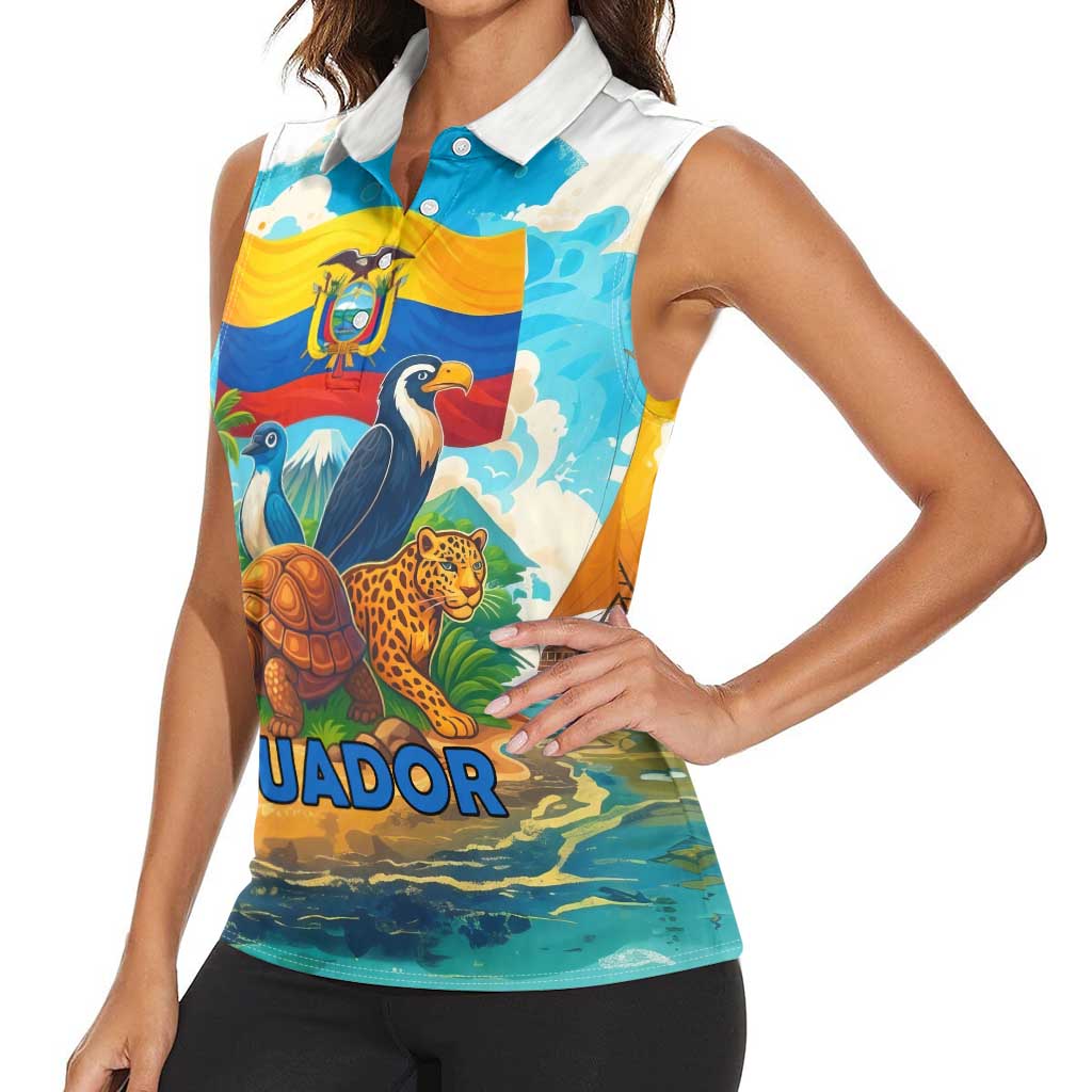 Ecuador Women Sleeveless Polo Shirt with Wildlife and Flag Landscape Design - Wonder Print Shop