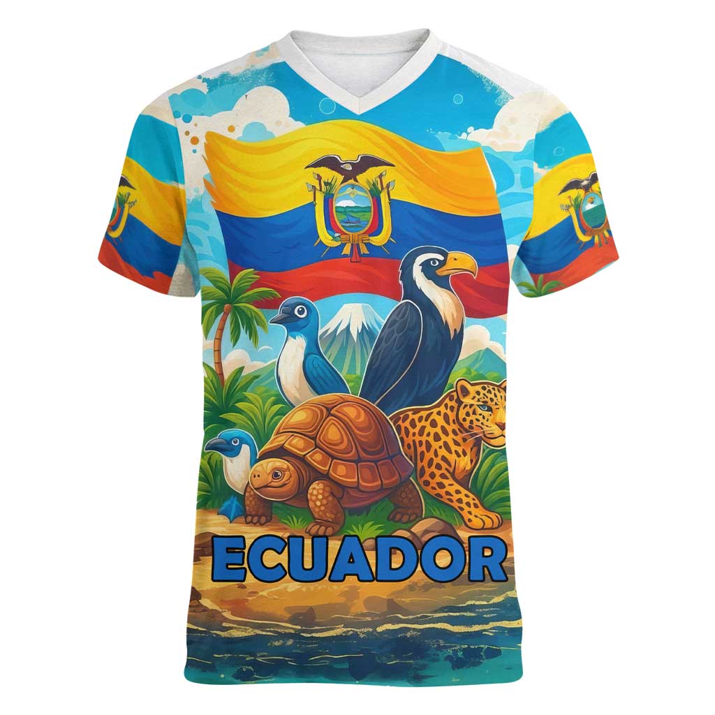 Ecuador Women V-Neck T-Shirt with Wildlife and Flag Landscape Design - Wonder Print Shop