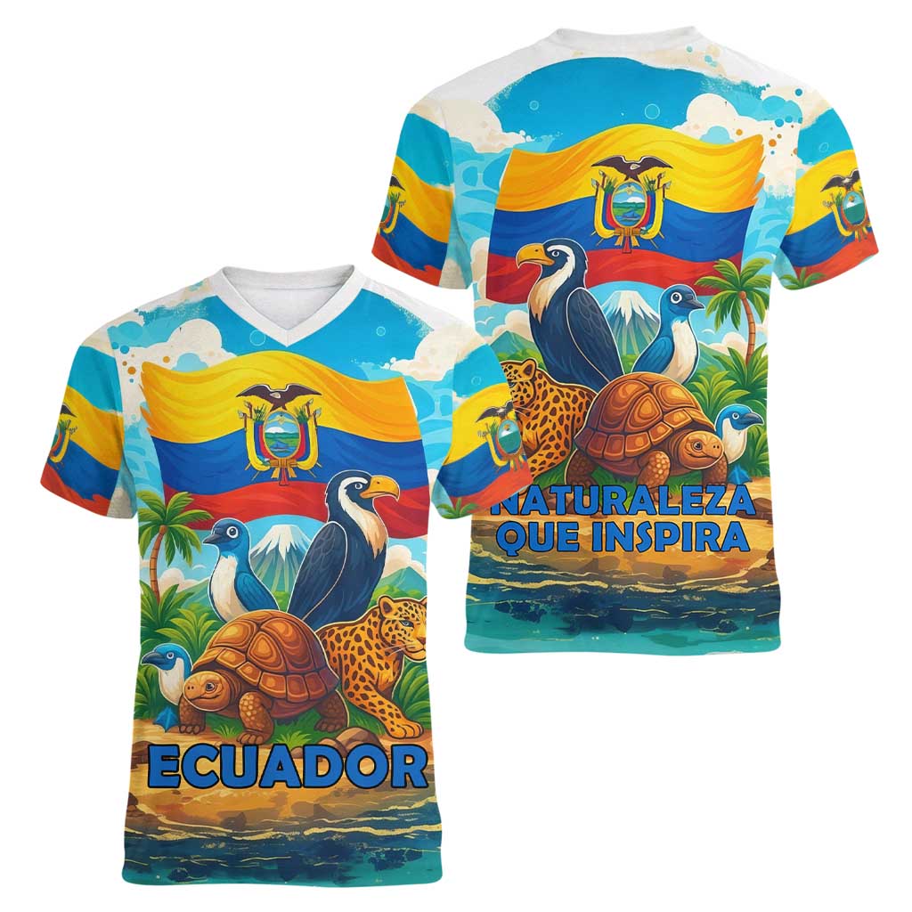 Ecuador Women V-Neck T-Shirt with Wildlife and Flag Landscape Design - Wonder Print Shop