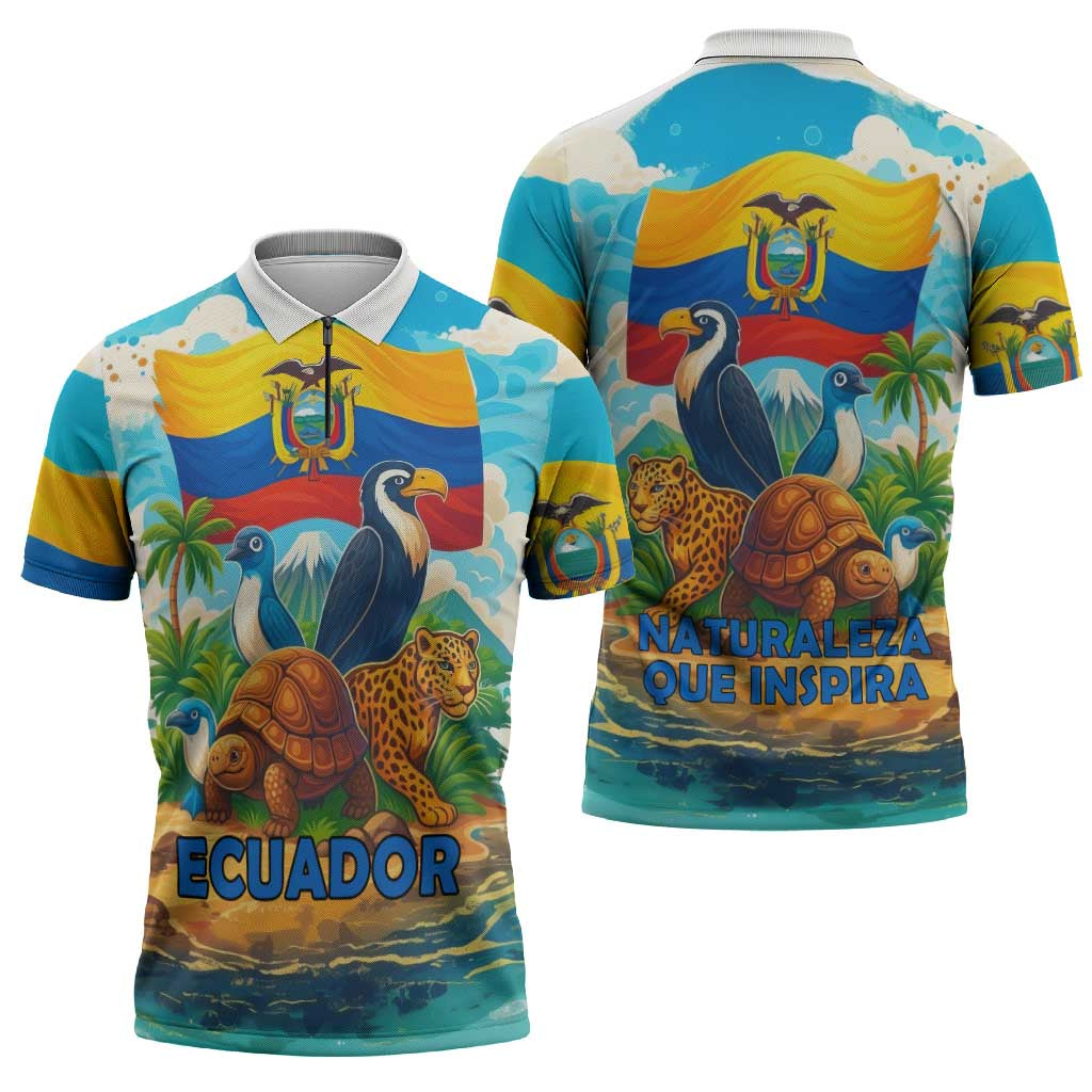 Ecuador Zipper Polo Shirt with Wildlife and Flag Landscape Design - Wonder Print Shop