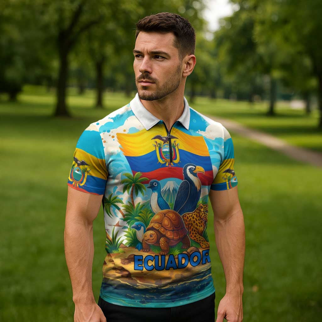 Ecuador Zipper Polo Shirt with Wildlife and Flag Landscape Design - Wonder Print Shop