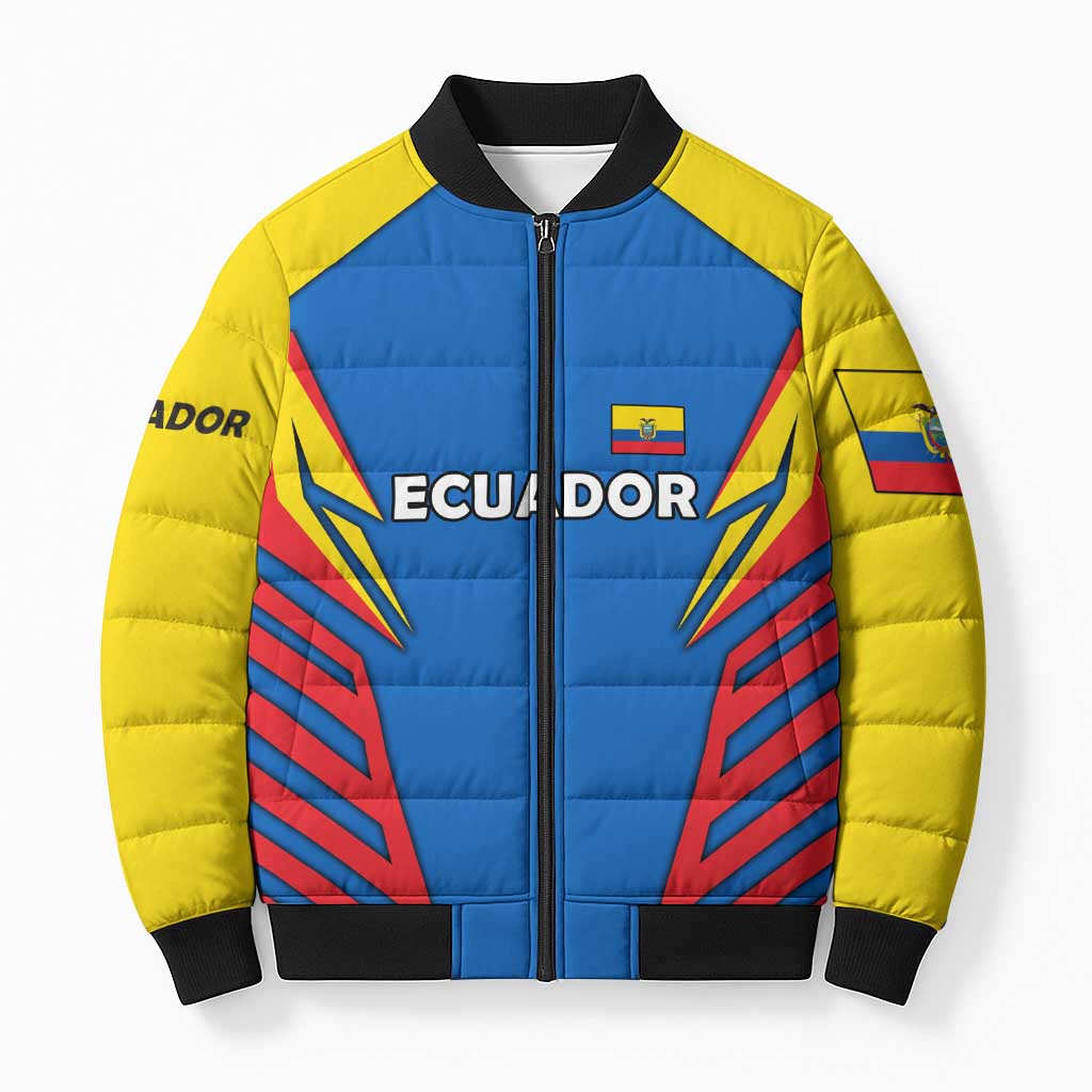 Ecuador Bomber Puffer Jacket with Coat of Arms and Bold Stripe Design - Wonder Print Shop