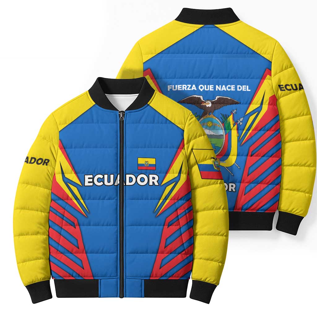 Ecuador Bomber Puffer Jacket with Coat of Arms and Bold Stripe Design - Wonder Print Shop