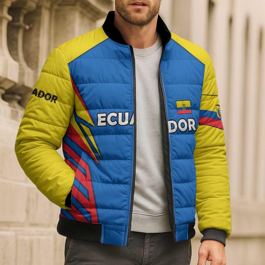 Ecuador Bomber Puffer Jacket with Coat of Arms and Bold Stripe Design - Wonder Print Shop