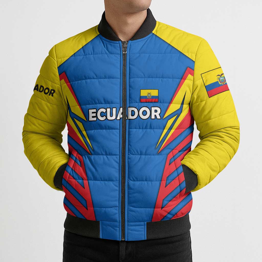 Ecuador Bomber Puffer Jacket with Coat of Arms and Bold Stripe Design - Wonder Print Shop