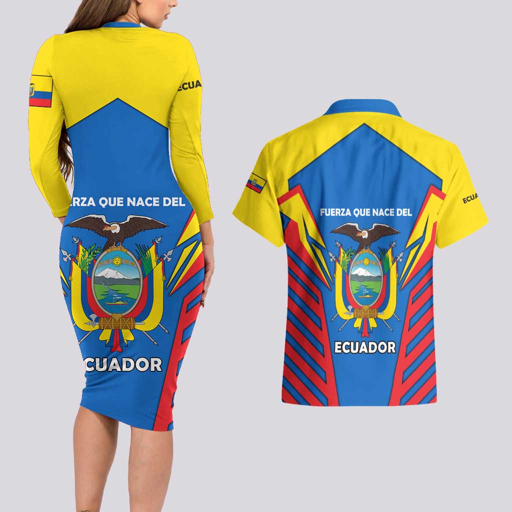 Ecuador Couples Matching Long Sleeve Bodycon Dress and Hawaiian Shirt with Coat of Arms and Bold Stripe Design - Wonder Print Shop