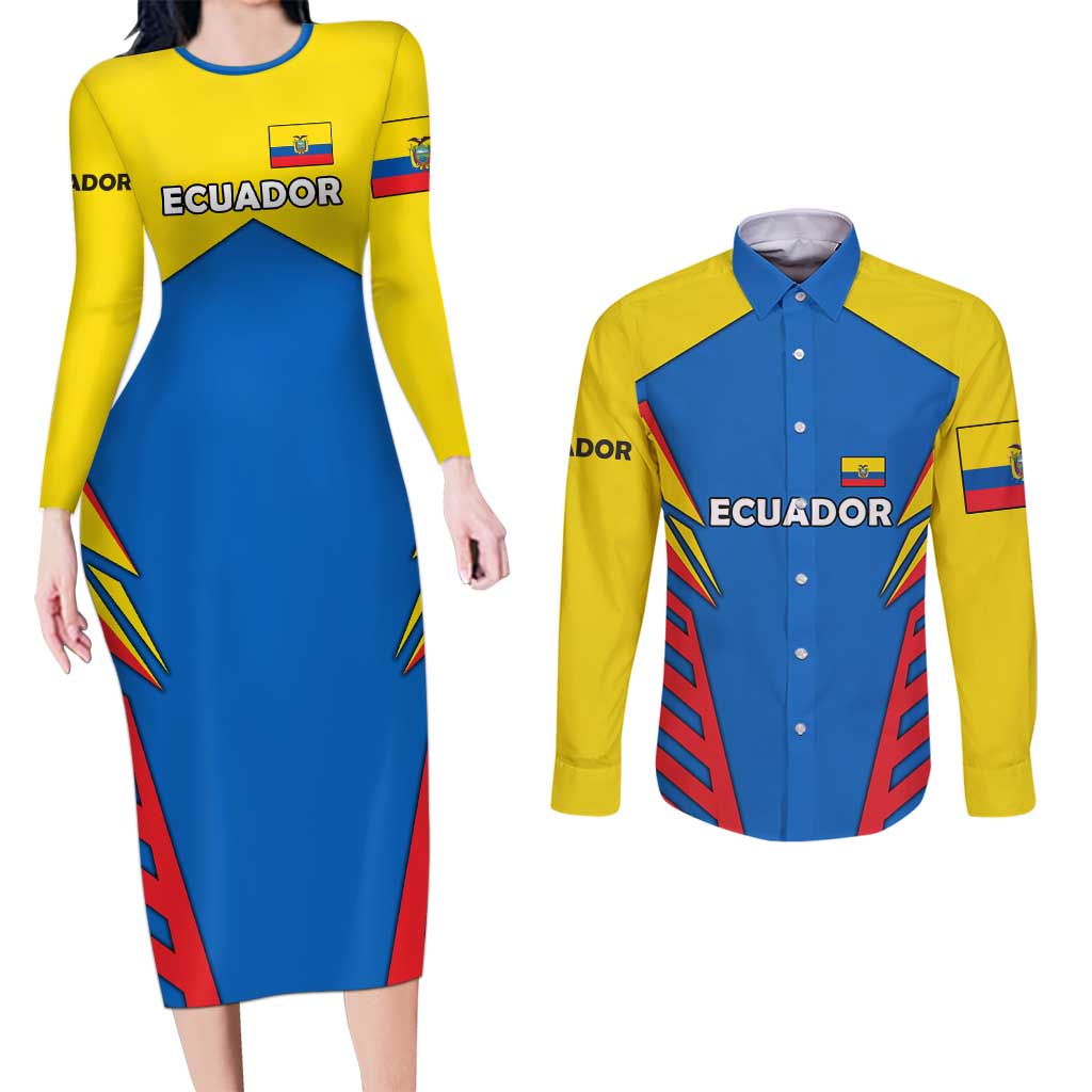 Ecuador Couples Matching Long Sleeve Bodycon Dress and Long Sleeve Button Shirt with Coat of Arms and Bold Stripe Design - Wonder Print Shop