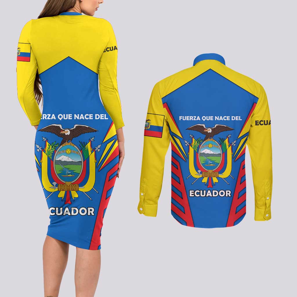 Ecuador Couples Matching Long Sleeve Bodycon Dress and Long Sleeve Button Shirt with Coat of Arms and Bold Stripe Design - Wonder Print Shop