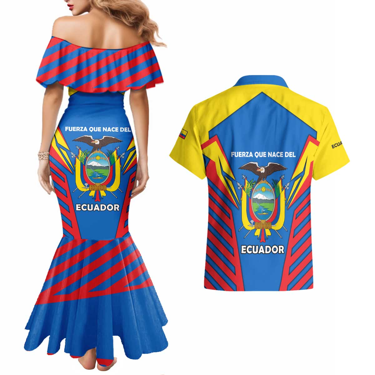 Ecuador Couples Matching Mermaid Dress and Hawaiian Shirt with Coat of Arms and Bold Stripe Design - Wonder Print Shop